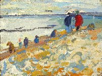 Fossil hunters after storm, Ringstead Bay, 30 x 40, Oil on Card