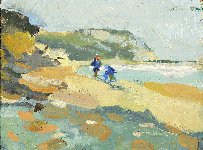 Children collecting stones, Ringstead Bay, 29 x 40, Oil on Card