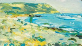 Winter sunshine, White Nothe, 23 x 42, Oil on Card'