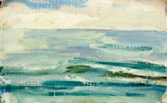 Ringstead Ledge, rising tide, 19 x 30, Oil on Card
