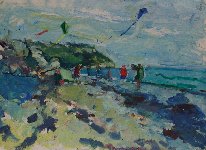 Kite Flyers, Ringstead Bay, 60 x 81, Oil on Card