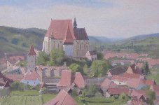 Fortified Church, Biertan, Romania,  Oil on Board, 16 x 24 in.
